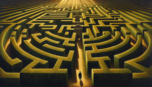 Peinture classique d'un labyrinthe Renaissance complexe vu en perspective, figure contemplant stratégiquement les chemins multiples