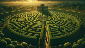 Peinture allégorique Renaissance représentant un labyrinthe végétal avec figure égarée, métaphore de la quête existentielle