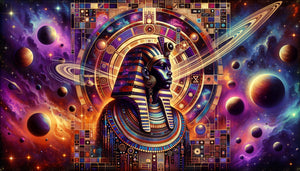 Art mural afrofuturiste cosmique style Sun Ra, figures noires ornées coiffes égyptiennes spatiales, nébuleuses dorées et violettes, symboles ancestraux africains fusionnés science-fiction