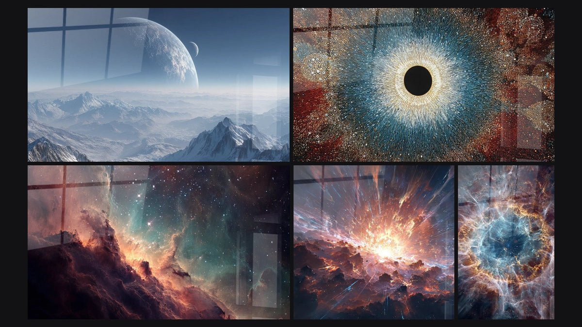 Mosaico de cinco cuadros, entre ellos Planeta extraterrestre, Ojo cósmico y Nebulosa estelar