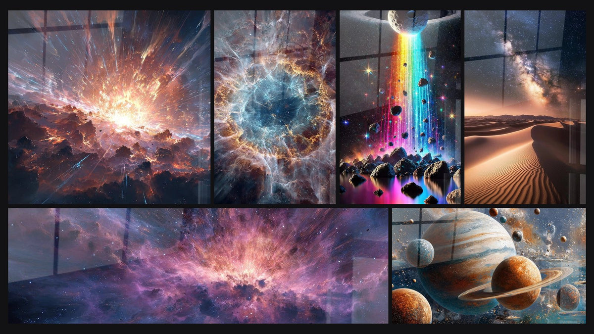 Mosaico di sei quadri, tra cui Esplosione cosmica di, Nebulosa a spirale di e Nebulosa cosmica di