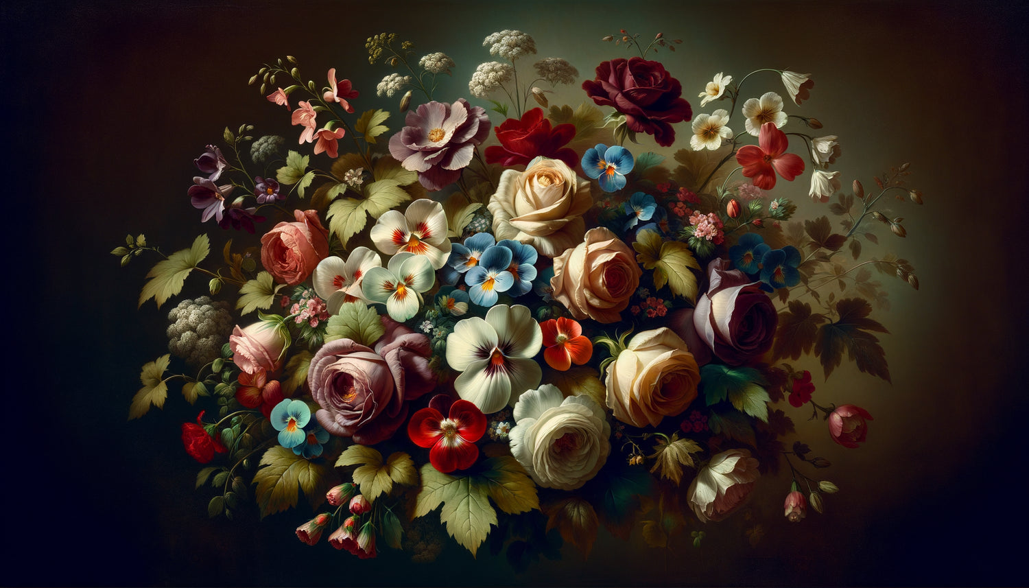 Peinture à l'huile victorienne XIXe siècle représentant un bouquet mixte symbolique avec roses, violettes et lierre exprimant un message amoureux codé