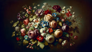 Peinture à l'huile victorienne XIXe siècle représentant un bouquet mixte symbolique avec roses, violettes et lierre exprimant un message amoureux codé