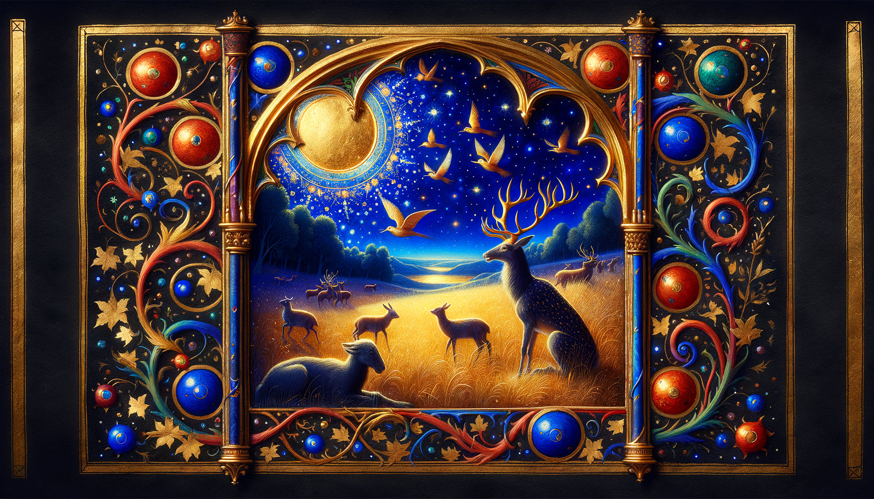 Enluminure médiévale avec scène animalière et ciel bleu lapis-lazuli afghan, style manuscrit gothique 14ème siècle