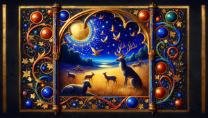 Enluminure médiévale avec scène animalière et ciel bleu lapis-lazuli afghan, style manuscrit gothique 14ème siècle