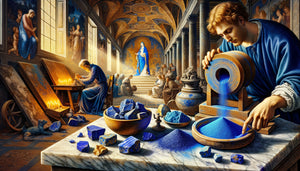 Atelier Renaissance florentin montrant la transformation du lapis-lazuli afghan en pigment bleu outremer précieux pour fresques palatiales du XVe siècle