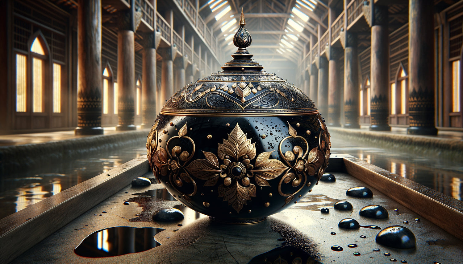 Objet en laque noire birmane traditionnelle brillante dans monastère, technique ancestrale résistant à l'humidité tropicale