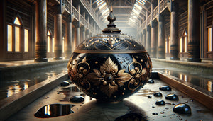 Objet en laque noire birmane traditionnelle brillante dans monastère, technique ancestrale résistant à l'humidité tropicale