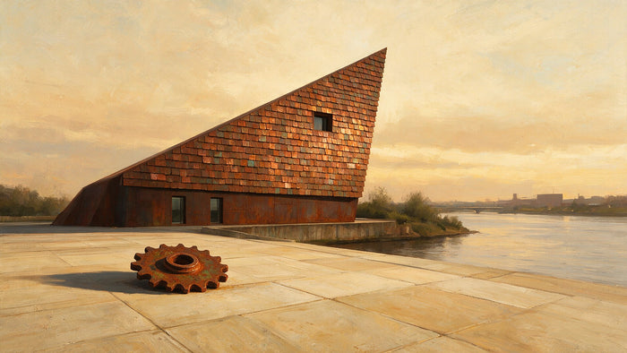Un bâtiment d'art contemporain en forme de coin, en acier et métal cuivré, au bord d'un fleuve, avec un engrenage rouillé au premier plan.