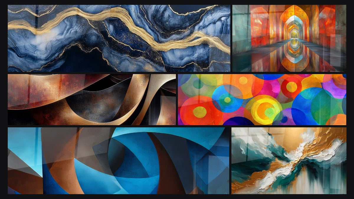 Mozaïek van zes schilderijen, waaronder Vloeibaar Marmer Eeuwigheid Blauw en Sinuosités Meditatie Oker