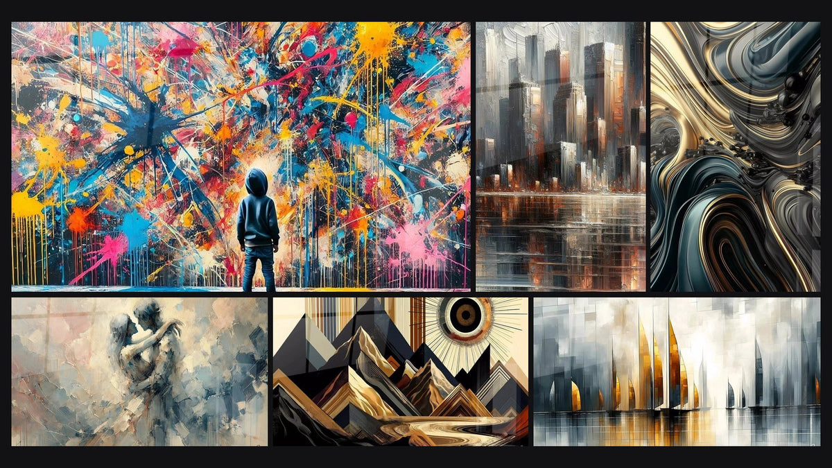 Mosaico di sei quadri, tra cui Schizzi di Pittura, Tra Noi e Visione Tribale