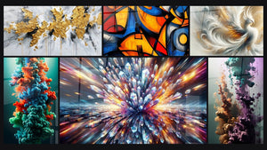 Mosaïque de six tableaux, dont Explosion dorée sur fond blanc et gris et Formes géométriques colorées