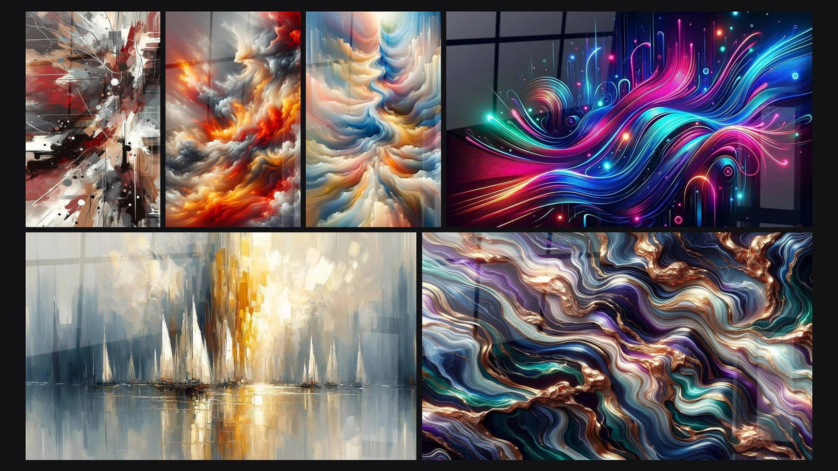 Mosaico de seis cuadros, entre ellos Ruido Dinámico Explosivo, Aurora sobre la Bahía y Aliento Ardiente del Firmamento