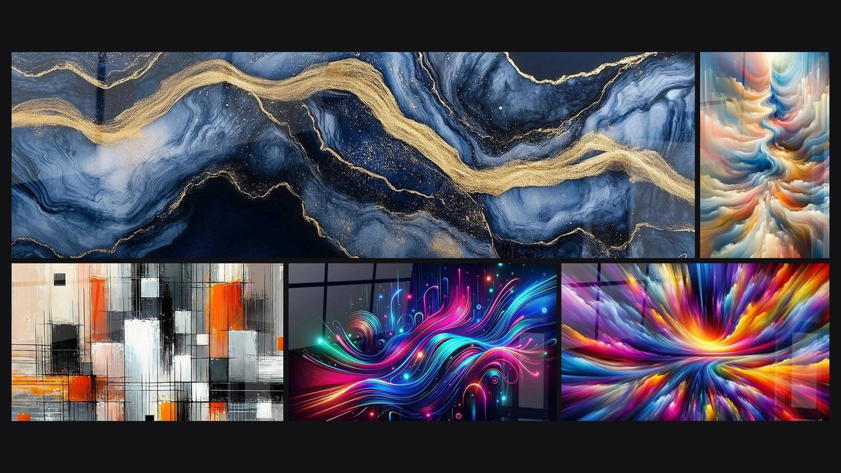 Mosaico di cinque quadri, tra cui Marmo Liquido Eternità Blu, Meccanica dei Colori e Risonanza delle Tonalità Celesti