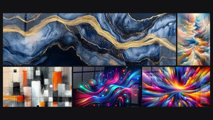Mosaïque de cinq tableaux, dont Marbre Liquide Éternité Bleu, Mécanique des couleurs et Résonance des Teintes Célestes