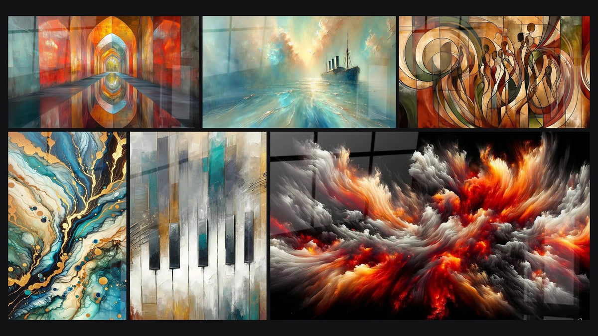 Mosaic of six paintings, including Arched Iridescent Vermillion, Heart of the Breeze and Mineral Labyrinth