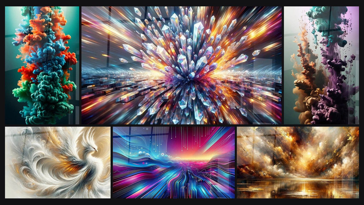 Mosaïque de six tableaux, dont Harmonie Flottante des Abysses, Éclat Phoenixien et Éclat Cristallin