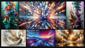 Mosaïque de six tableaux, dont Harmonie Flottante des Abysses, Éclat Phoenixien et Éclat Cristallin