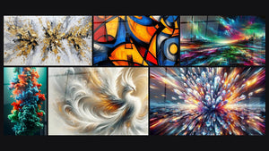Mosaïque de six tableaux, dont Explosion dorée et grise sur fond blanc et Formes géométriques colorées