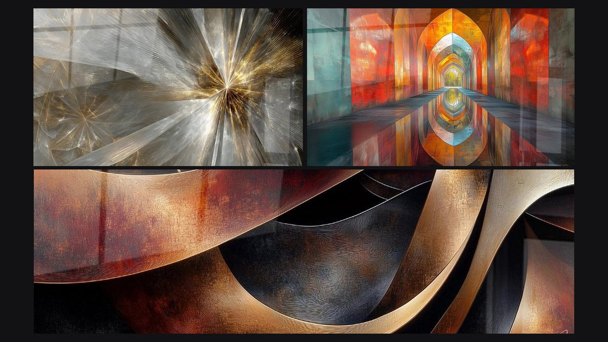 Mosaico de tres cuadros: Rayos luminosos dorados, Sinuosidades Meditación Ocre y Arcos Brillantes Color Bermellón
