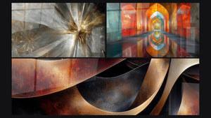 Mosaïque de trois tableaux : Rayons lumineux dorés, Sinuosités Méditation Ocre et Voûtes Chatoyantes Vermillon