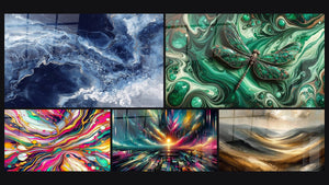 Mosaïque de cinq tableaux, dont Nuances bleues et veines dorées fluides, Cascades Chromatiques et Aurore des Temps Modernes