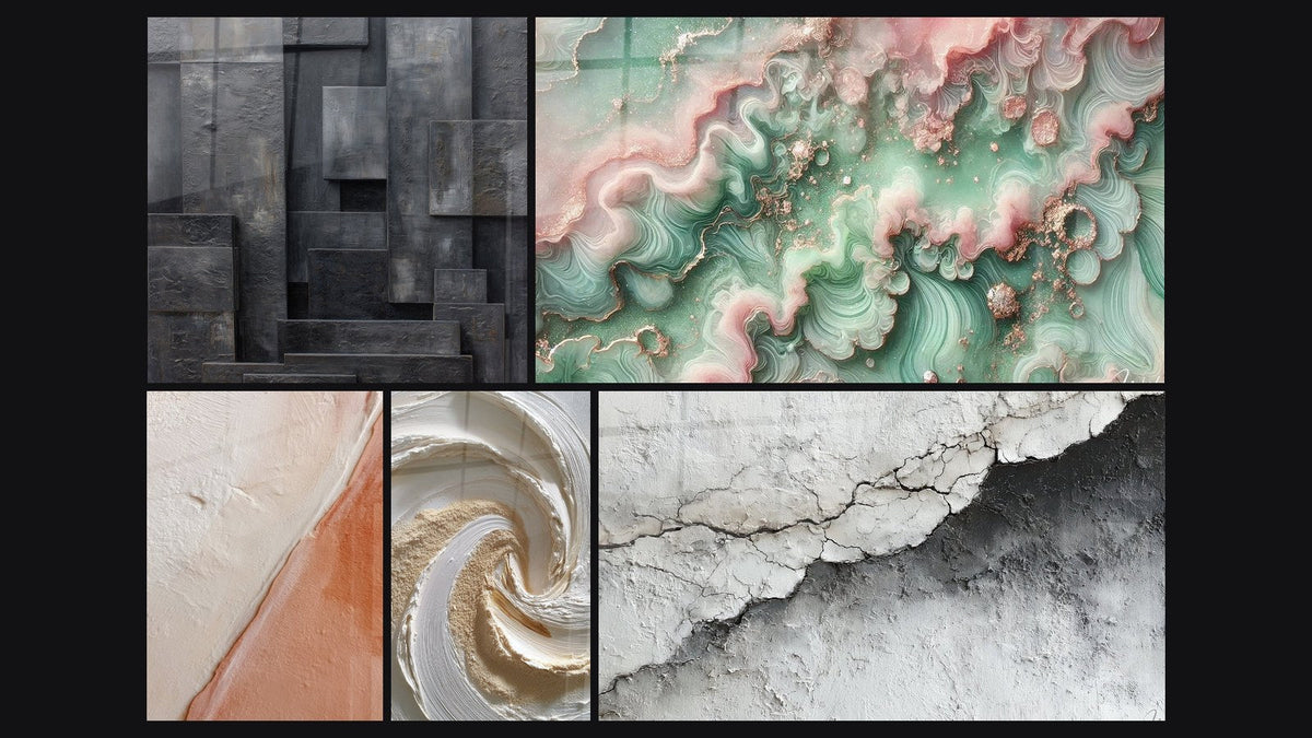 Mosaico de cinco cuadros, entre ellos Bruma Esmeralda y Textura Mural Agrietada Blanco y Gris