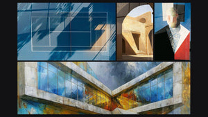 Mozaïek van vier schilderijen, waaronder Moderne Architectuur en Tafel Architectuur Doorgang der zielen