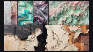 Mosaico de cinco cuadros, entre ellos Olas Cristalinas, Lámparas de Cuarzo y Bruma Esmeralda