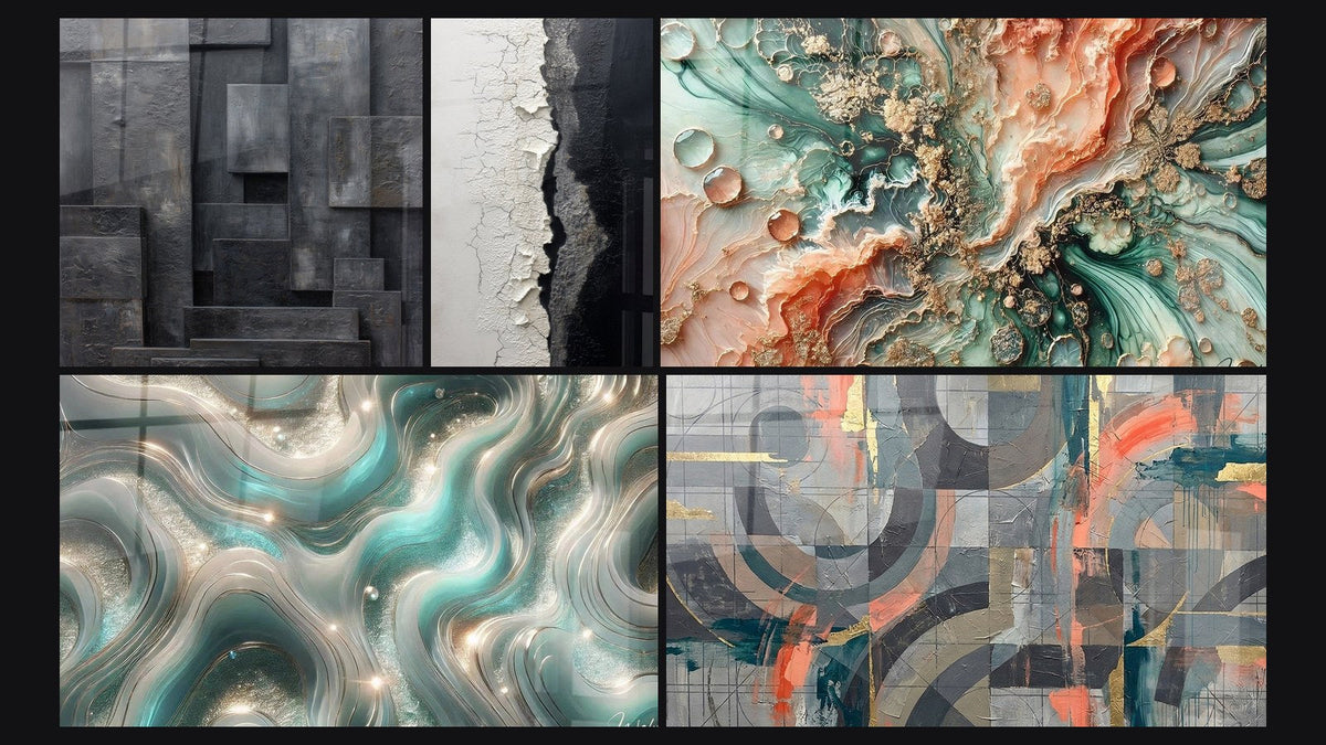 Mosaico de cinco cuadros, entre ellos Ondas Centelleantes y Textura Agrietada Blanco y Negro