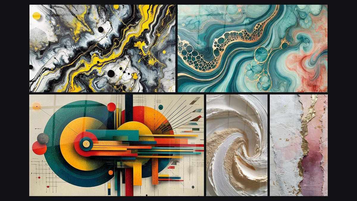 Mosaic of five paintings, including Black Impact, Geometric Concentric Energy and Textured Relief Golden and White Spiral