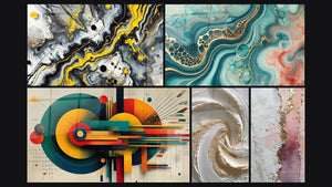 Mosaico de cinco cuadros, entre ellos Impacto Negro, Geométrico Energía Céntrica y Marea de Acuarela