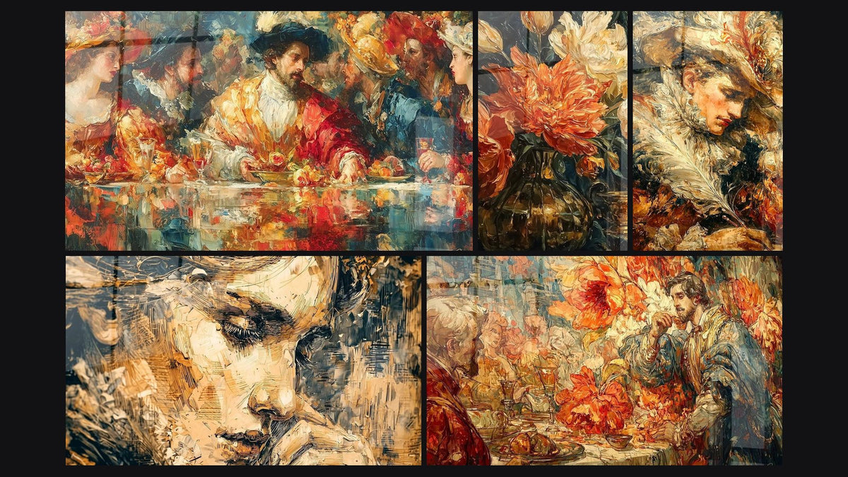 Mosaic of five paintings, including Banquet Feast Opulent, Mysterious Sfumato Portrait and Orange Flowers Symphony