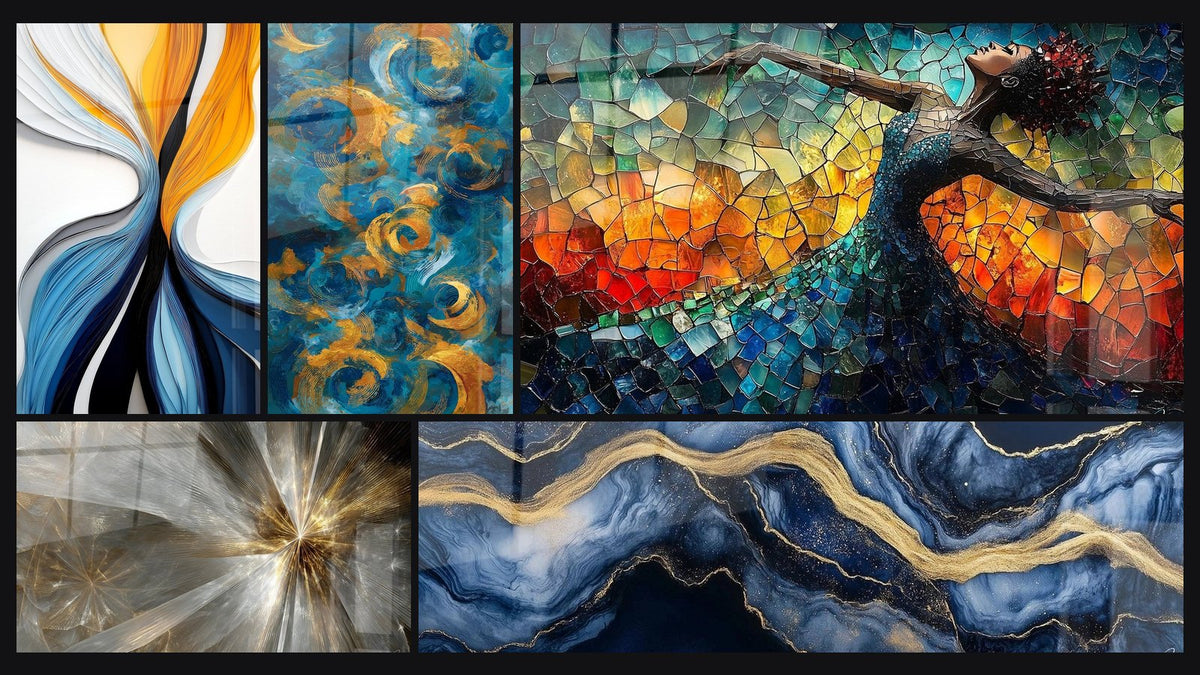 Mosaico di cinque quadri, tra cui Flux dinamici colorati di, Tourbillon dorati e Raggi luminosi dorati a forma di tavola
