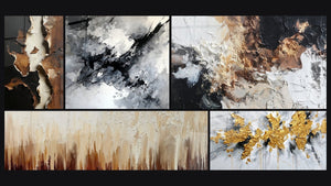 Mosaico de cinco cuadros, entre ellos Explosión dorada sobre fondo blanco y gris y Abstracto texturizado blanco negro bronce