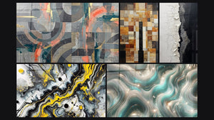 Mosaico de cinco cuadros, entre ellos Círculos grises y coral entrelazados, Impacto Negro y Textura Agrietada Blanco y Negro