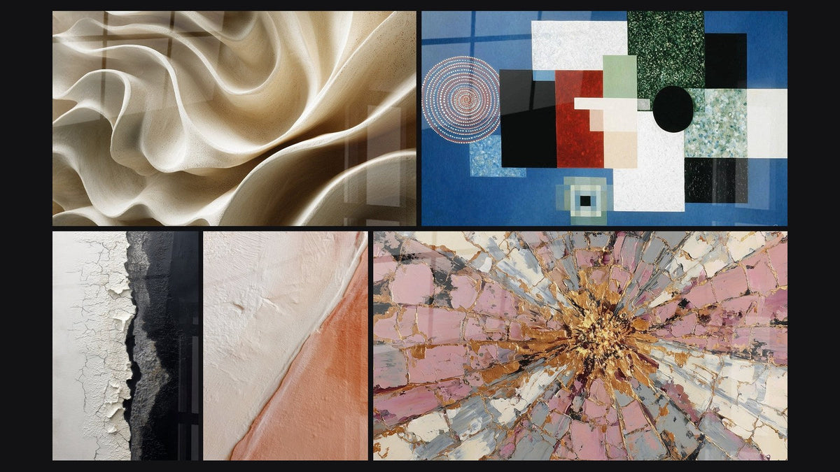 Mosaic of five paintings, including Crackled Texture Wall Art Black and White and Textured Diagonal White and Brick