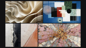 Mosaico de cinco cuadros, entre ellos Composición Geométrica Orden Racional y Textura Agrietada Blanco y Negro