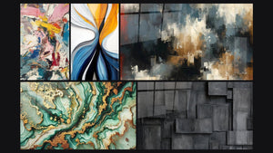 Mosaico de cinco cuadros, entre ellos Explosión de colores, Flujo dinámico colorido y Caos Organizado