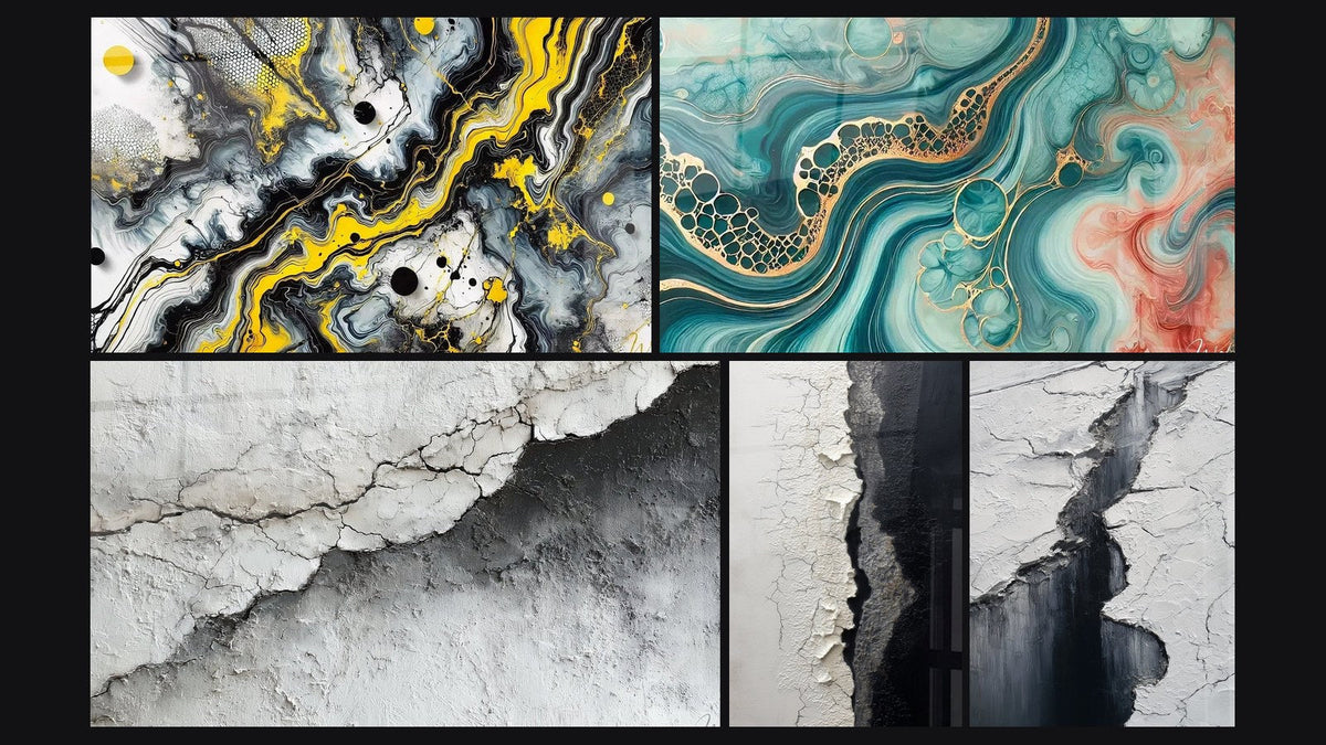 Mosaic of five paintings, including Black Impact and Textured Wall Art Cracked White and Grey