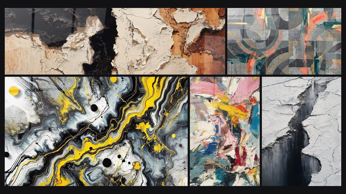 Mosaïque de cinq tableaux, dont Cercles gris et corail entrelacés, Impact Noir et Explosion de couleurs