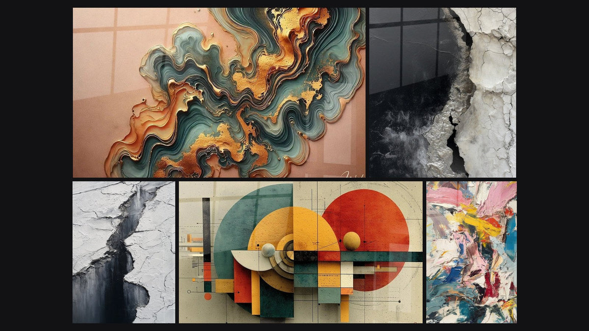 Mosaic of five paintings, including Wave Copper and Abstract Black White Gray Cracked Textured