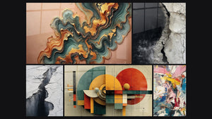 Mosaico de cinco cuadros, entre ellos Ola de Cobre, Grieta Glaciar Gris y Negro y Geométrico Revolución Circular