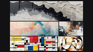Mosaico de cinco cuadros, entre ellos Nubes Flotantes Rosado y Abstracto texturizado blanco negro bronce