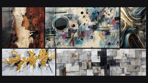 Mosaico de cinco cuadros, entre ellos Composición abstracta geométrica y Explosión dorada sobre fondo blanco y gris