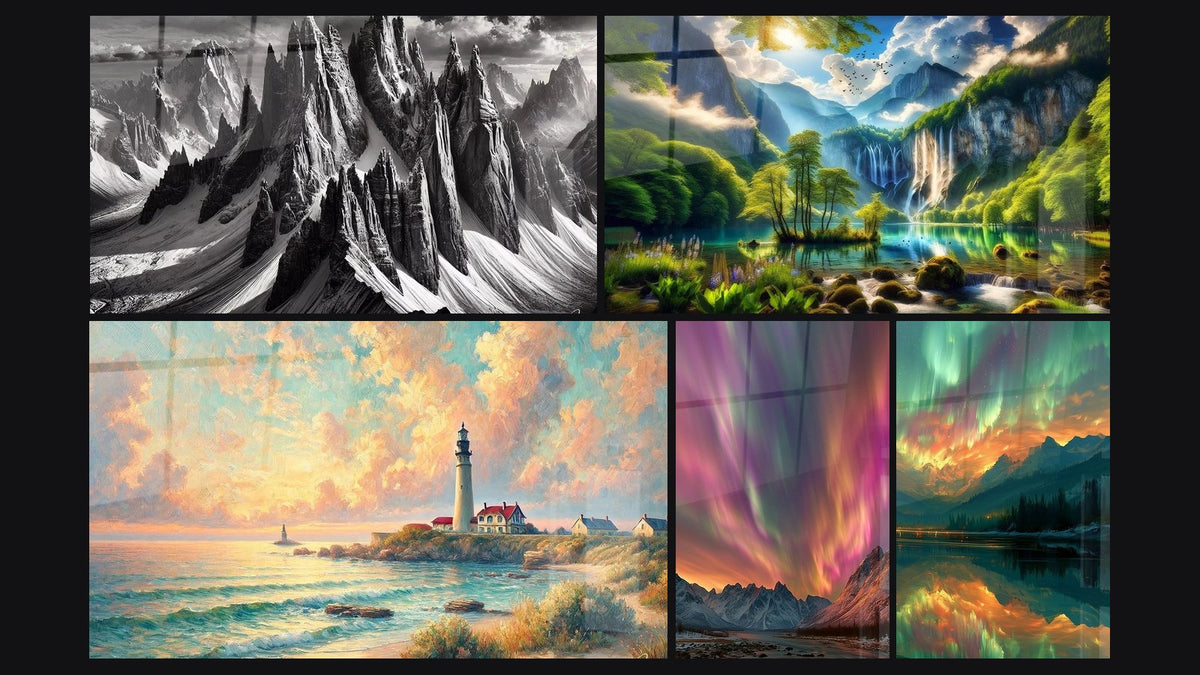 Mosaïque de cinq tableaux, dont À l’Ombre des Géants, Aube sur le Phare et Éden Vert aux Mille Cascades