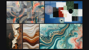 Mosaico de cinco cuadros, entre ellos Círculos grises y coral entrelazados y Ondas Fluidas Tierra y Cobre
