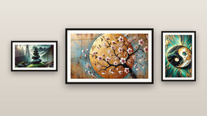 Pared de galería con tres cuadros enmarcados: Equilibrio, Dulzura Floral y Equilibrio Forestal