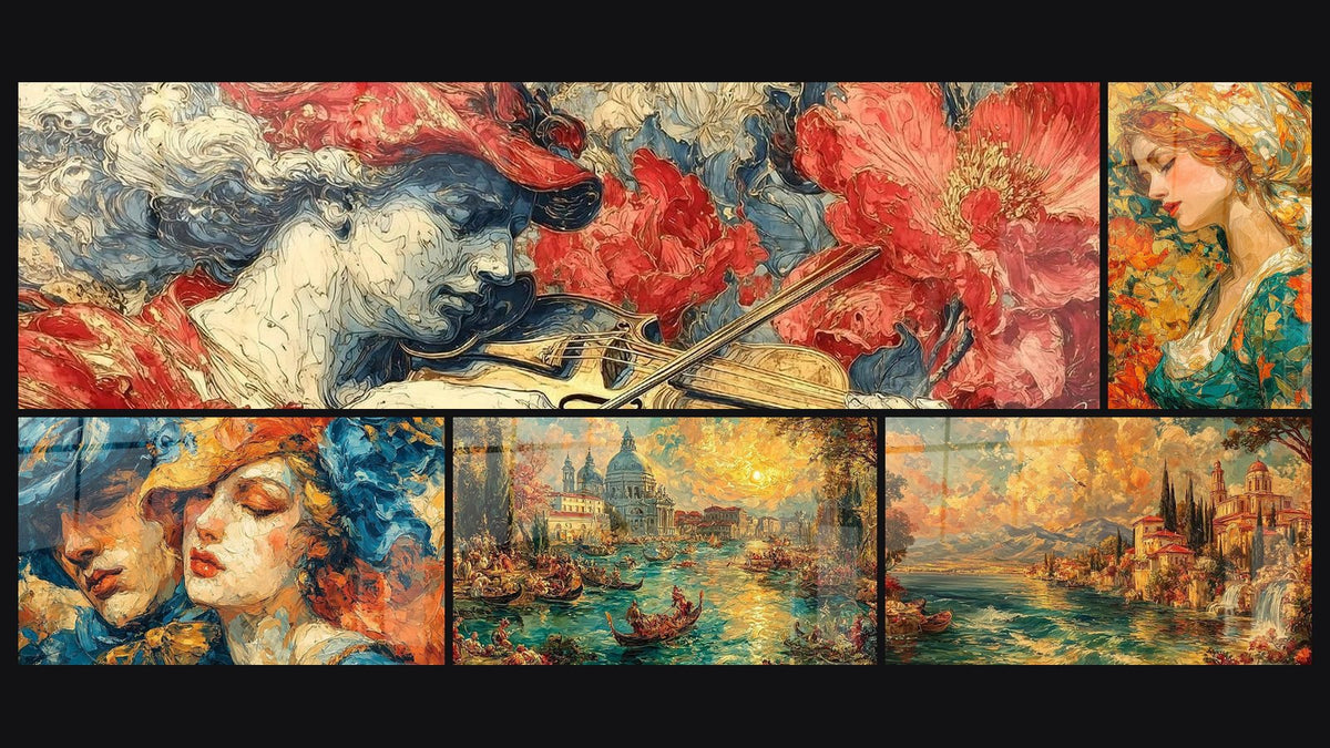Mosaico de cinco cuadros, entre ellos Violín Susurro Barroco, Pareja Modelado Perfecto y Venecia Perla Adriática