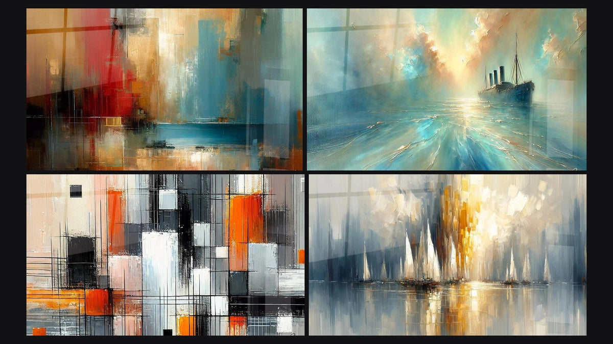 Mozaïek van vier schilderijen, waaronder Urban Fragmentations, In het Hart van de Bries en Mechanisch Kleurenpalet